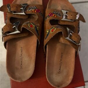 Donald J. Pliner Siena Distressed Nappa Brown and Red Embroidered Sandals